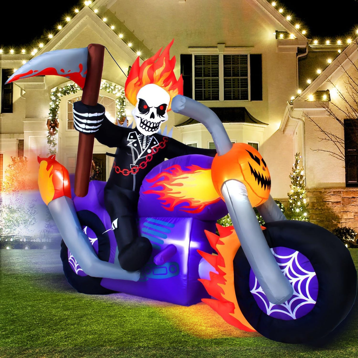 6 ft halloween inflatable grim reaper motorcycle with on a desk or shelf