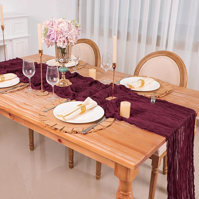 Snowkingdom 6PCS 10 Ft Burgundy Red Cheesecloth Table Runner, 120inch Long Cheese Cloth Boho Gauze Runner for Wedding Bridal Baby Shower Birthday Valentines Sheer Table Decorations