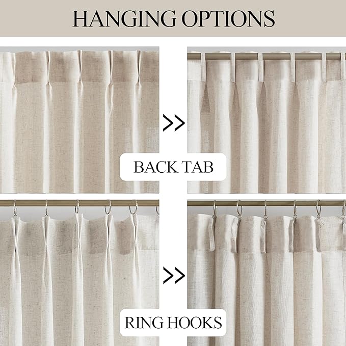 Vision Home Natural Pinch Pleated Semi Sheer Curtains Textured Linen Blended Light Filtering Window Curtains 102 inch for Living Room Bedroom Pinch Pleat Drapes with Hooks 2 Panels 42" Wx102 L