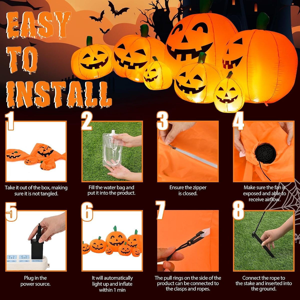 gigalumi 7.5ft halloween inflatable outdoor decoration pumpkin(cold white), package contents