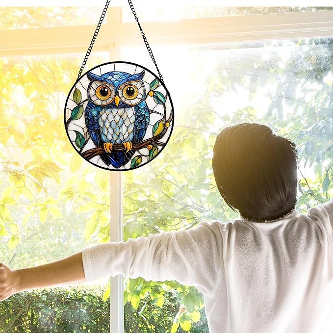 Stained Glass Window Hanging, Owl Gifts for Women Sun Catchers Diamond Glass Panel Hangings Birds Suncatcher Decor for Birthday for Women, Men, Wife, Aunt, and Mom 11.8x11.8 in