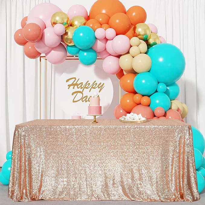 SquarePie Sequin Tablecloth 90 x 156 Inch Rose Gold Sparkly Table Linen for Wedding Party