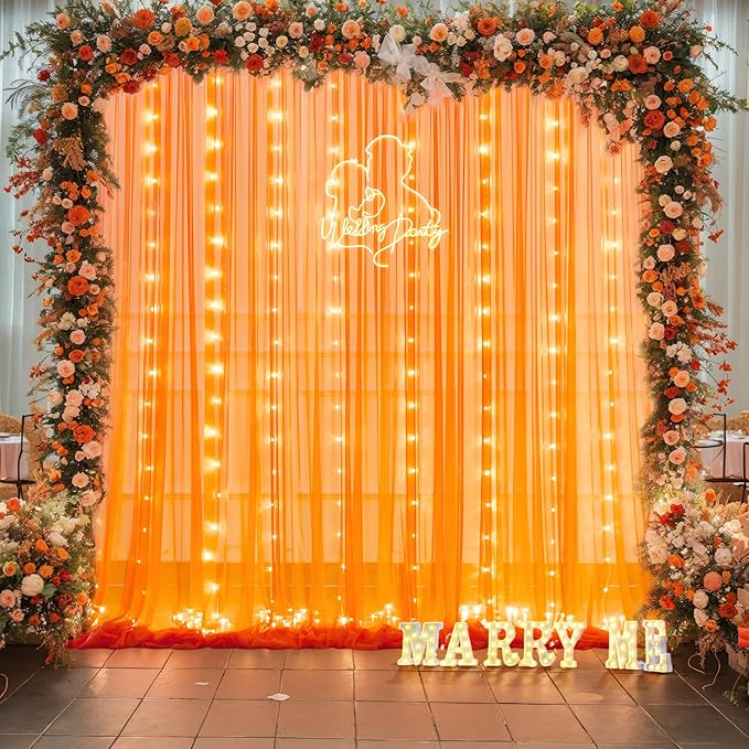 Orange Tulle Backdrop Curtain with Lights String for Parites 10x8ft Sheer Backdrop Curtains Drapes for Birthday Party Baby Shower Wedding Ceremony Prom Halloween Photo Booth Background Decorations