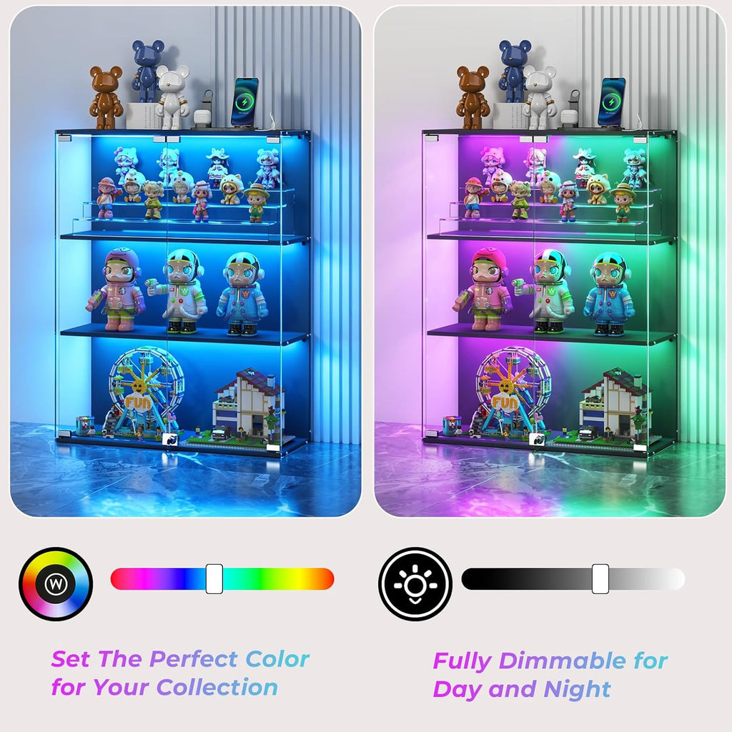 VersionTECH. Glass Display Cabinet with RGB LED Lights, Full-View Display, 3-Tier Display Case with Glass Doors for Collectibles, Cabinets with Lock, Human Sensor, Charging Station, Black