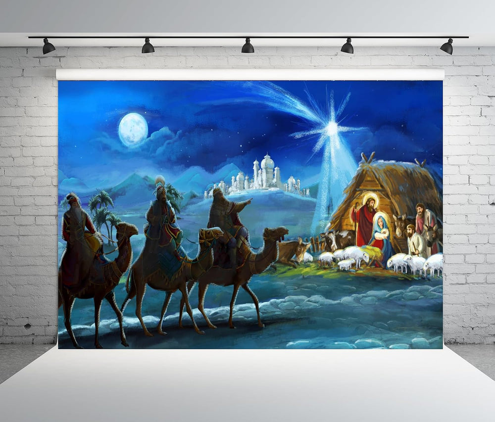 BELECO Fabric 10x8ft Nativity Scene Backdrop Christmas Night Starlight Holy F...