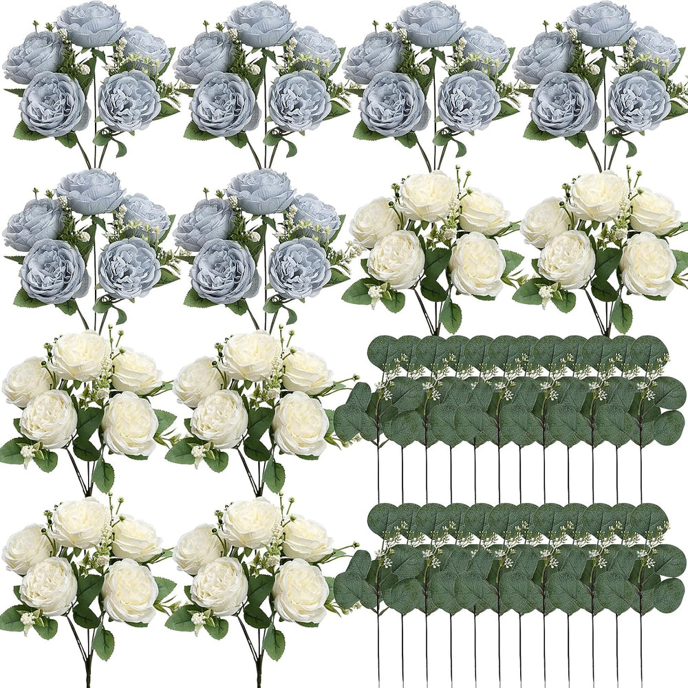 12 Bundles Dusty Blue White Artificial Peonies Silk Flowers Bulk