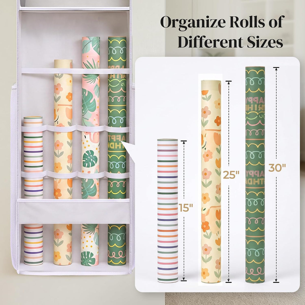 ordovibe wrapping paper storage organizer, over the door, package contents