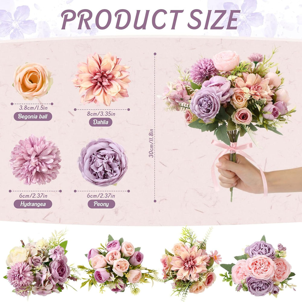 24 Bundles Purple Artificial Flower Bulk Silk Bouquet, Peonies