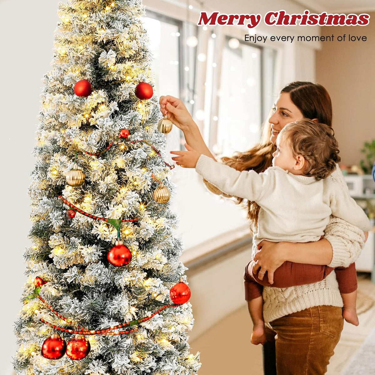 Okicoler Pre-Lit Snow Flocked Artificial Holiday Pencil Slim Christmas Tree with Warm Lights and Metal Base Stand for Home, Office, Party Decoration,White (6.5ft)