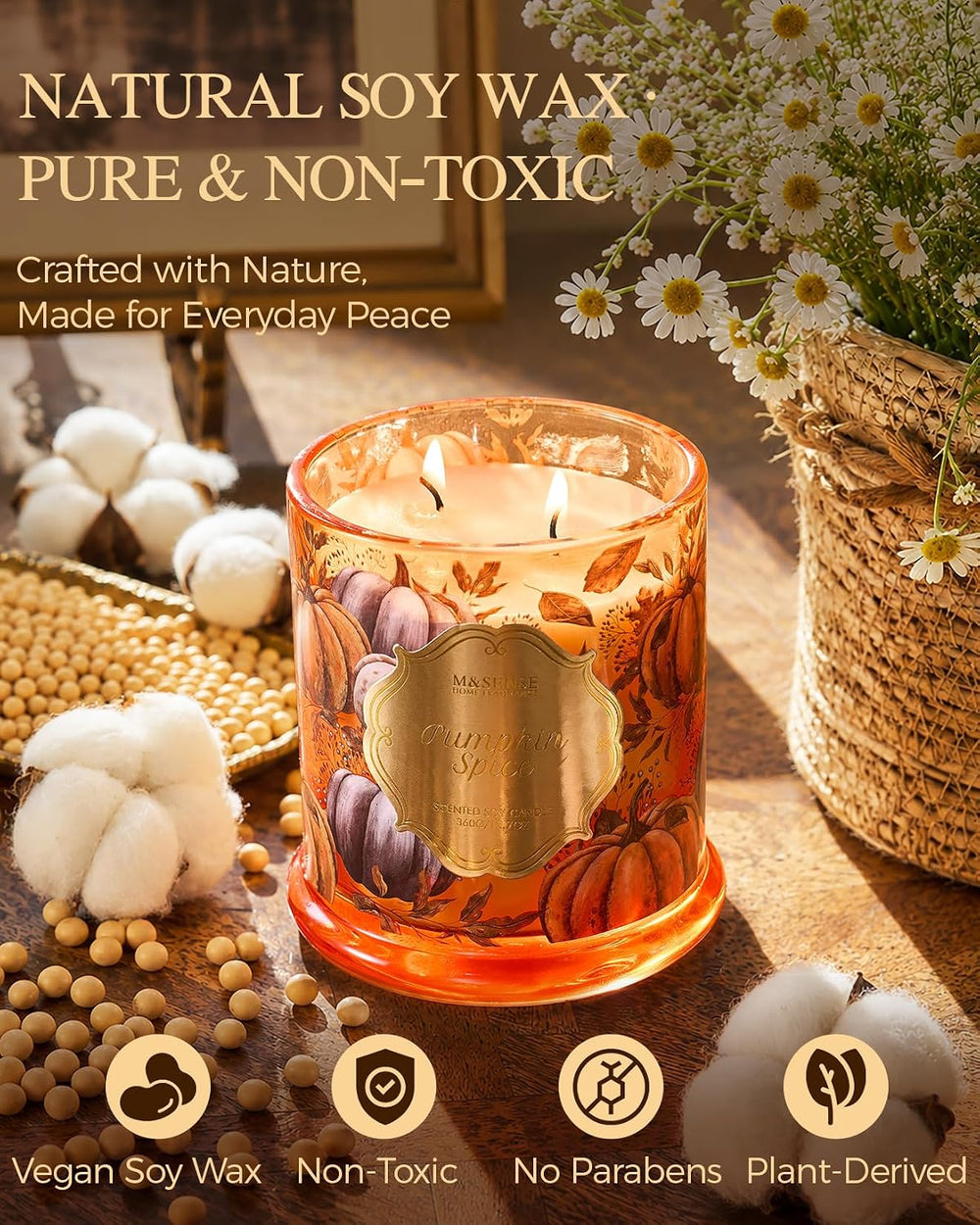 M&SENSE Pumpkin Spice Non Toxic Large Soy Candle, 12.7oz Harvest Scent