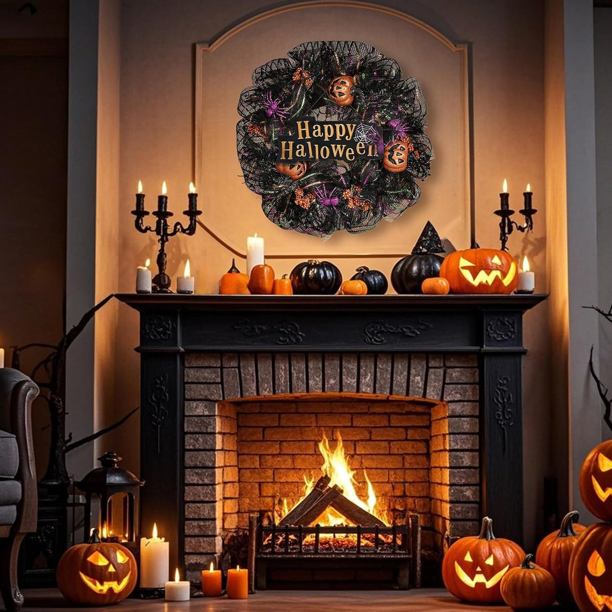 24 inch Wreath, Halloween Wreath for Front Door, Halloween Spider Decor Pumpkin Skull Wreaths, Wall, Window, Garden and Offices Decor. (Black)