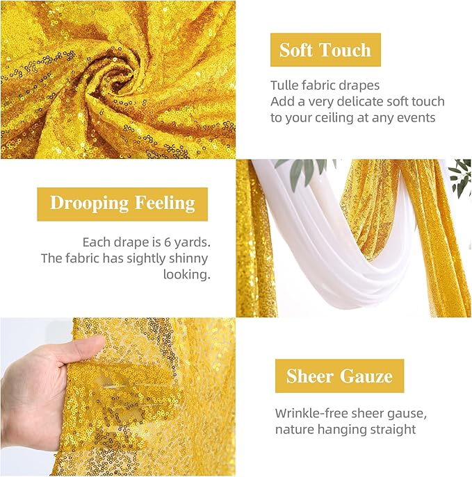 Wedding Arch Draping Fabric, 1 Panel 28" x19ft White Arch Drapes & 1 Panel 16" x19ft Gold Sequin Fabric Drapes Arbor Backdrop Curtain for Wedding Arch Ceremony Bridal Shower Reception