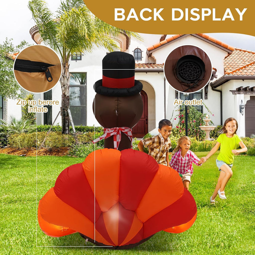 6 ft turkey thanksgiving inflatable decoration with led, front angle view