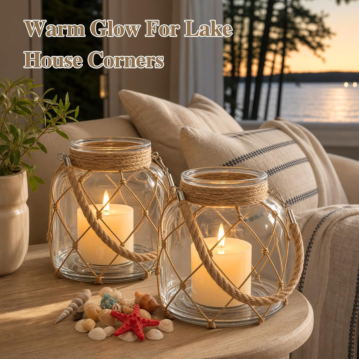 2 Set of Nautical Candle Lanterns, Clear Glass Jar Coastal Decor with Rope Handle, LED Candles, Shells, Red Sea Star for Beach House Decor, Bathroom Table Centerpiece, Wedding Party