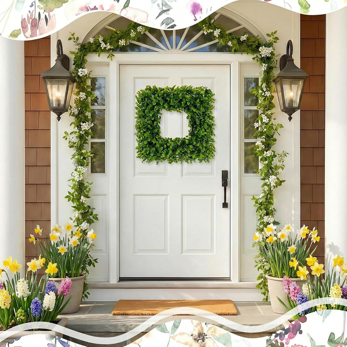 square wreaths for front door decor artificial flower, close-up detail
