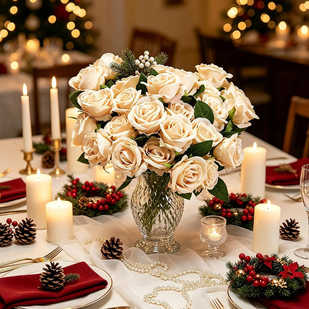 AmyHomie 48 PCS Champagne Roses, Velvet Realistic Fake Flowers w/Stems