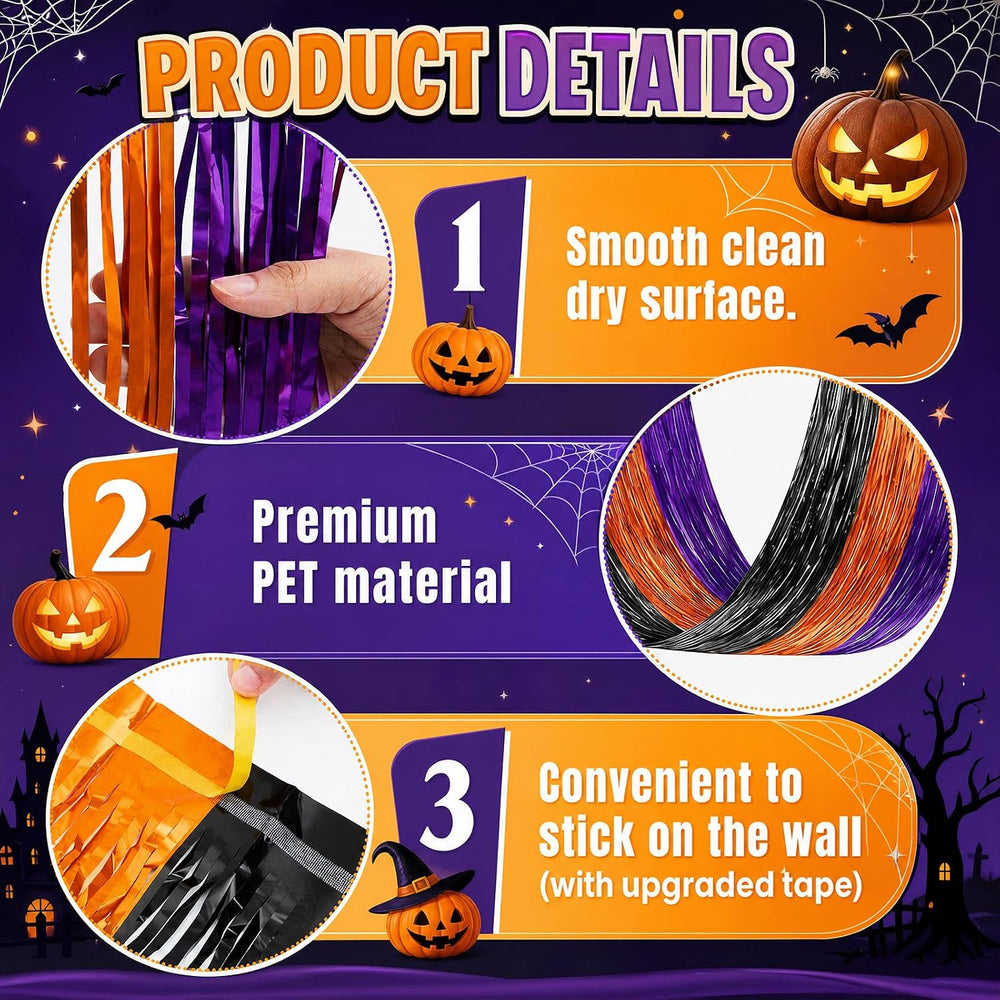 8 Pcs Halloween Decor, Orange Purple Black Ceiling Fringe Curtains