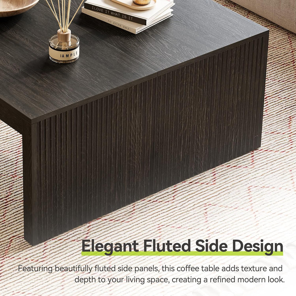 LITTLE TREE 39.4" Square Fluted Coffee Table, Mid-Century Modern Black Center Table for Living Room, Architectural Wood Cocktail Tea Tables, Contemporary Coffee Tables, Easy Assembly