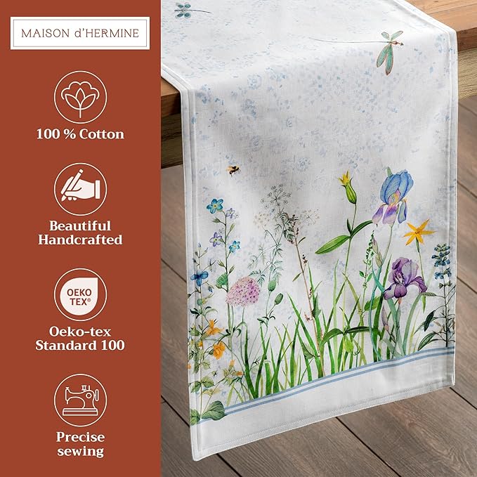 Maison d' Hermine Table Runner 100% Cotton Double Layer Table Runners 108 inches Long Decorative for Home Kitchen Dining Party Wedding Bridal Shower Spring Summer (Fleurs De Mai, 14.50" x 108")