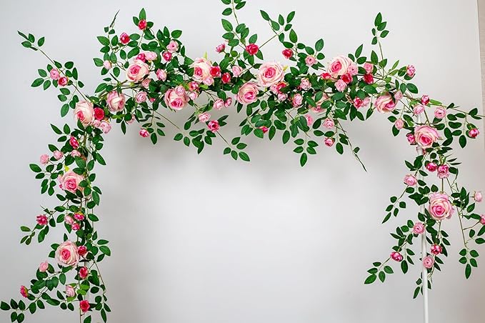 6FT Pink Flower Garland Artificial Rose Vines Hanging Floral Garland for Home Decor Wall Trellis Fence Wall Decoration (Pink 2pcs)