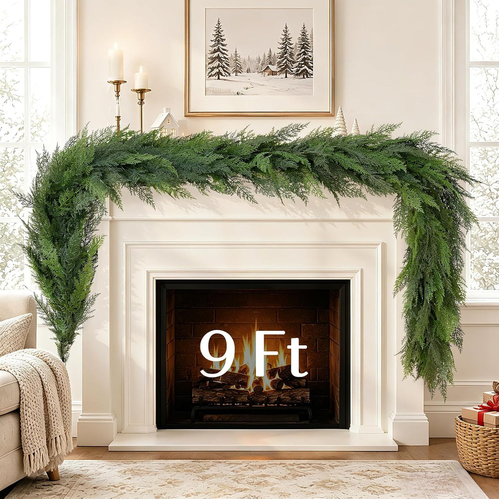 2 Pack 9FT Christmas Cedar Garland with Lights, Faux Greenery Garland