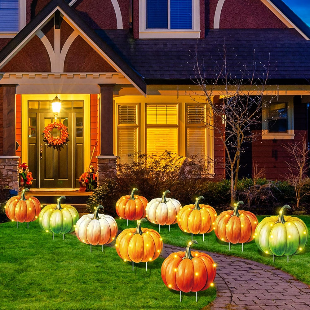 10 Pcs Fall Thanksgiving Lighted Pumpkin Yard Sign Stake Decor
