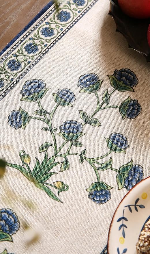 patdrea Designer Blue Rustic Elegant Floral Patterned Linen Table Runner 87 Inch Long,Wrinkle Resistant Table Mat,Decoration for Kitchen Dining and Coffee Tables Banquet Christmas , 12"x87"