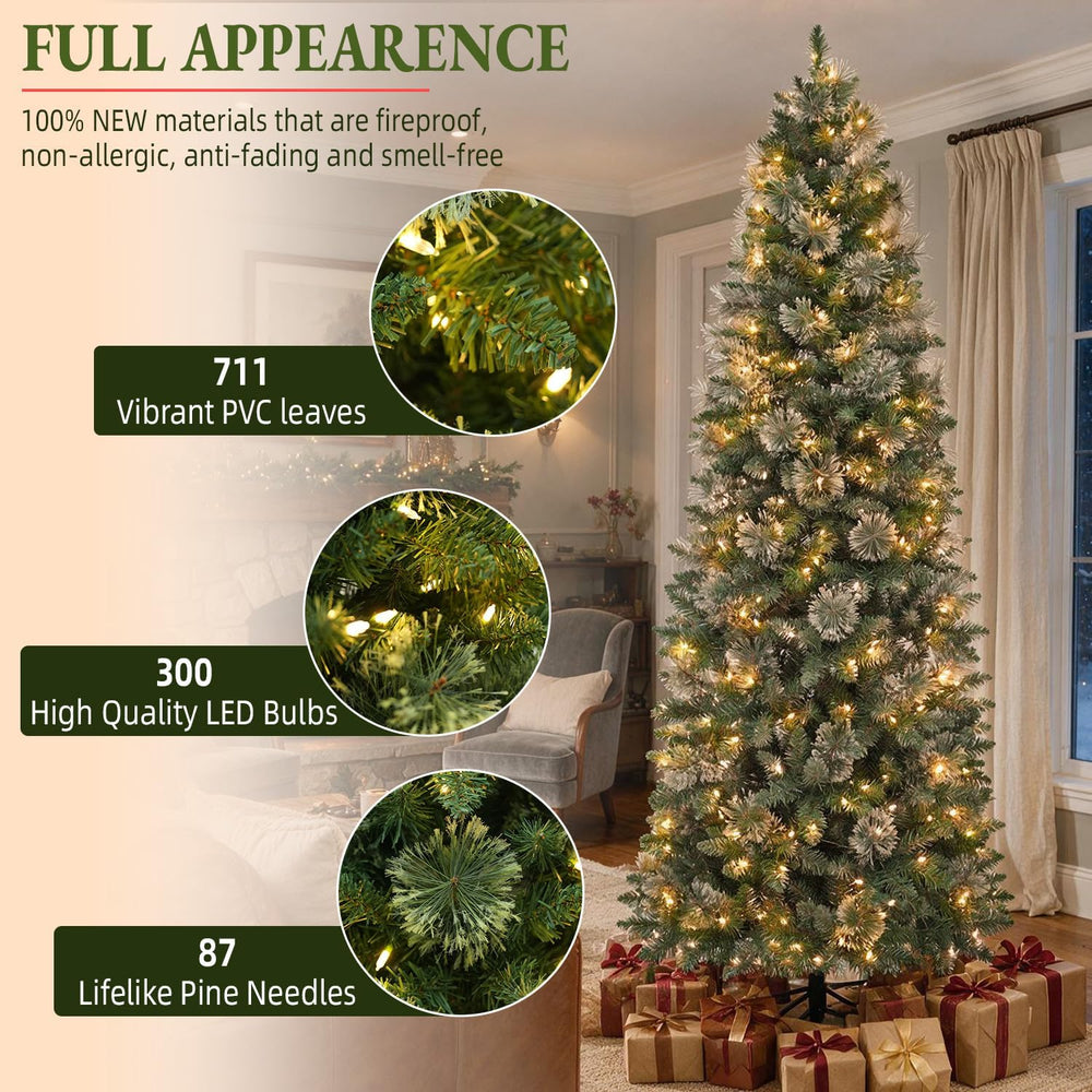 7.5FT Artificial Hinged Prelit Slim Christmas Tree, Pine Needles