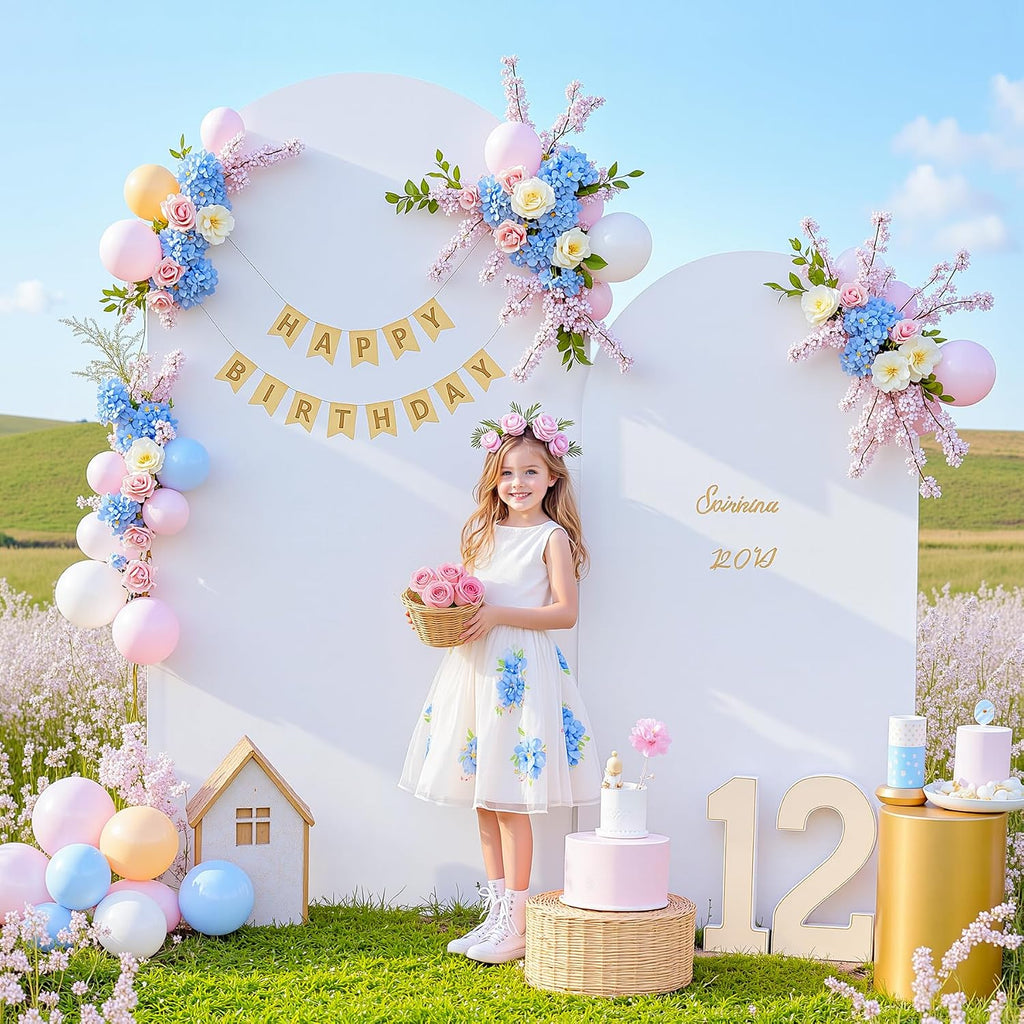 silver and white arch backdrop cover for wedding on a desk or shelf