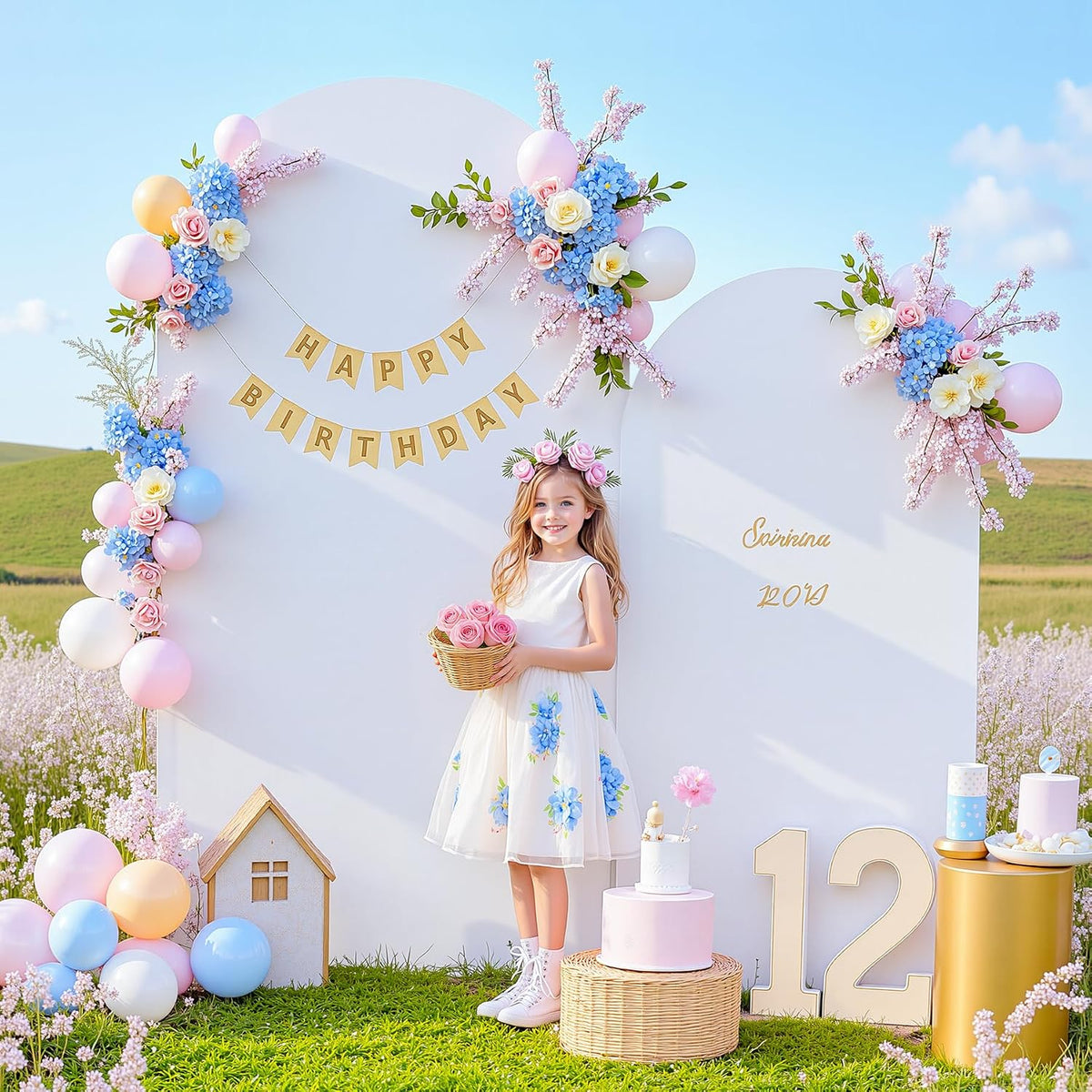 silver and white arch backdrop cover for wedding on a desk or shelf