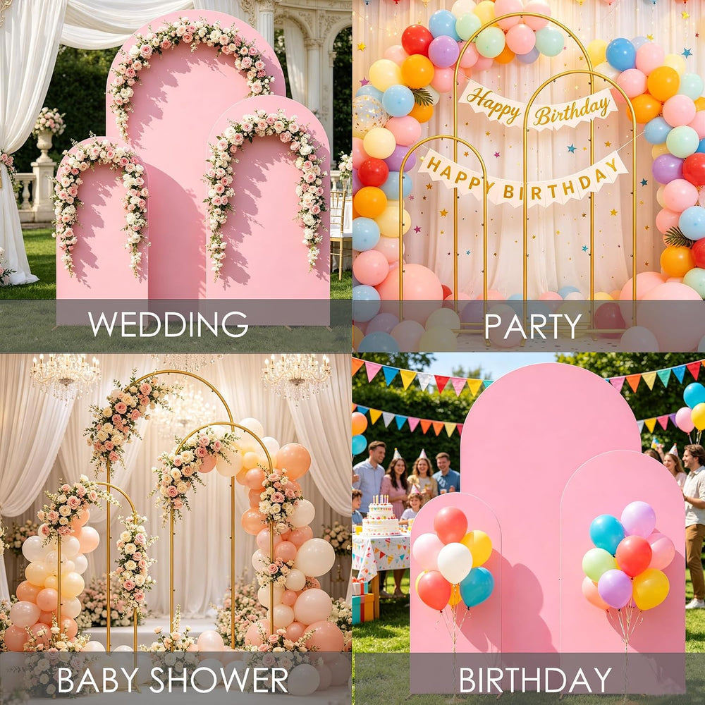 Set of 3 Metal Arch Backdrop Stands with Pink Covers, 6/6.6/7.2FT