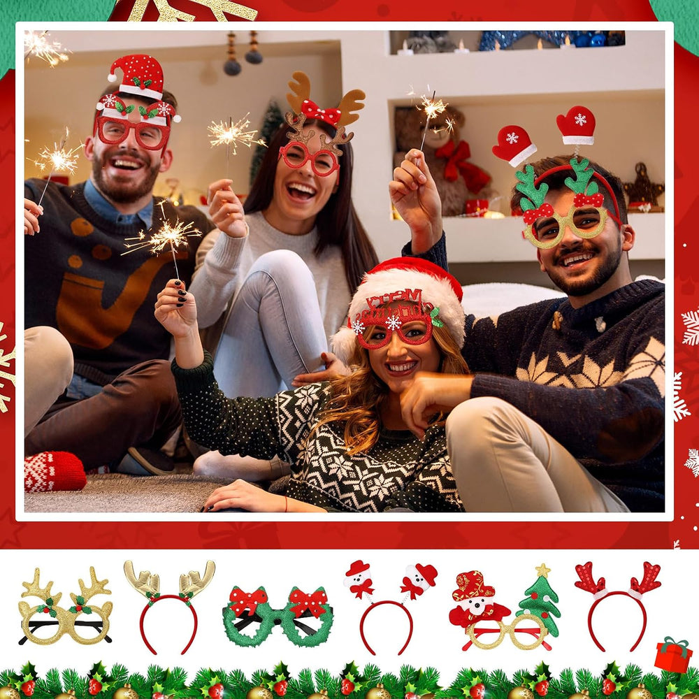 64 Pcs Christmas Glasses Frame and Headbands Set, Xmas Costume Accessories