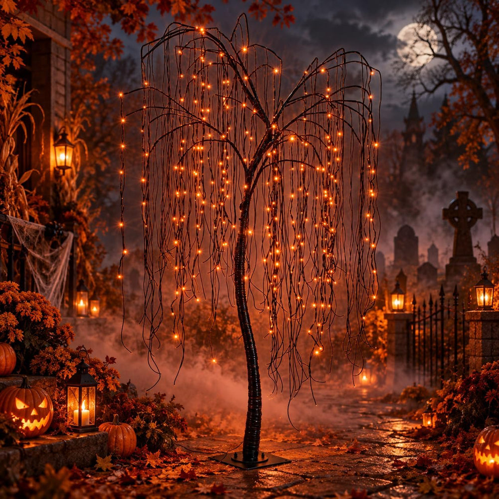7 FT Halloween Lighted Willow Tree 256 LED Orange Lights Artificial Weeping W...