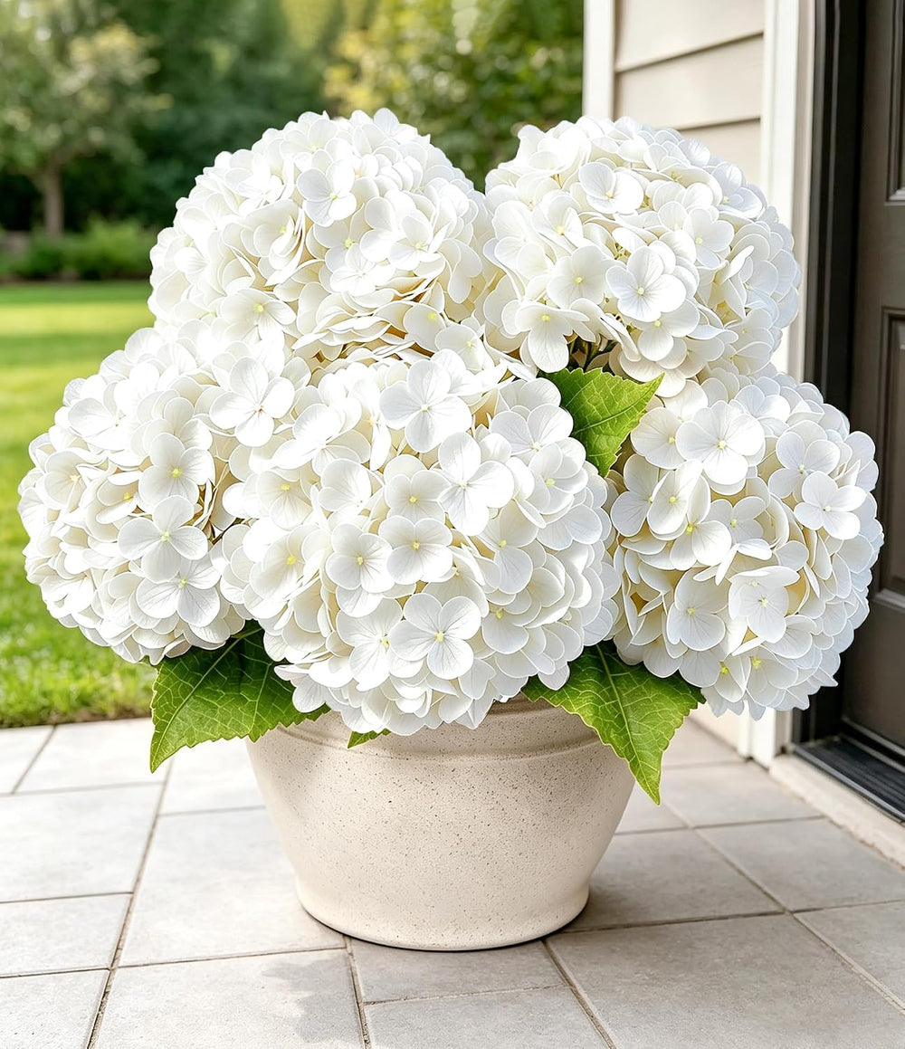 5Pcs White Faux Hydrangeas Artificial Flowers with Stems & Leaves