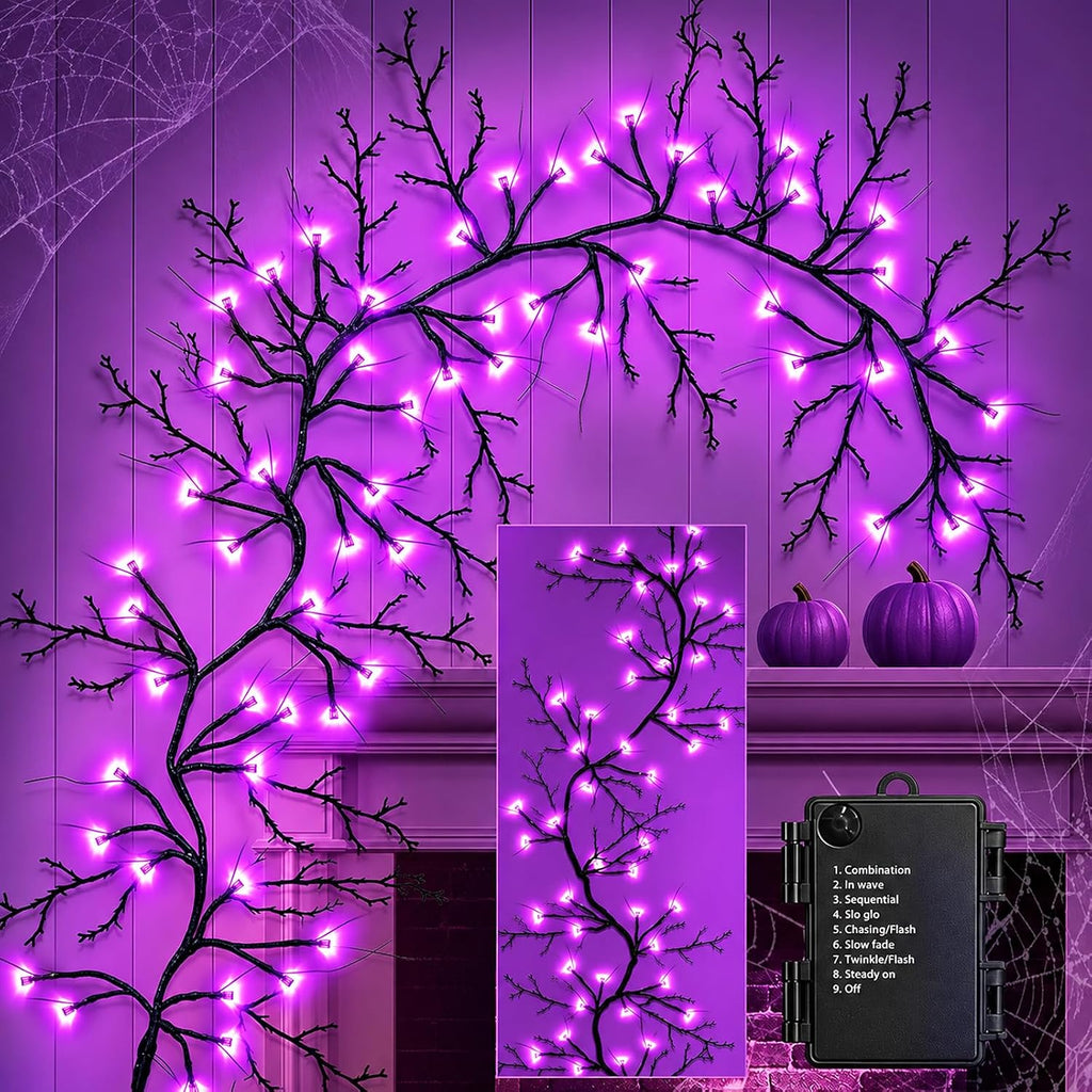 Couah [8 Modes & Timer] 9 Ft 72 LED Halloween Willow Vine Twig Garland with Purple Lights Battery Operated Indoor/Outdoor Wall Fireplace Mantle Halloween Decorations