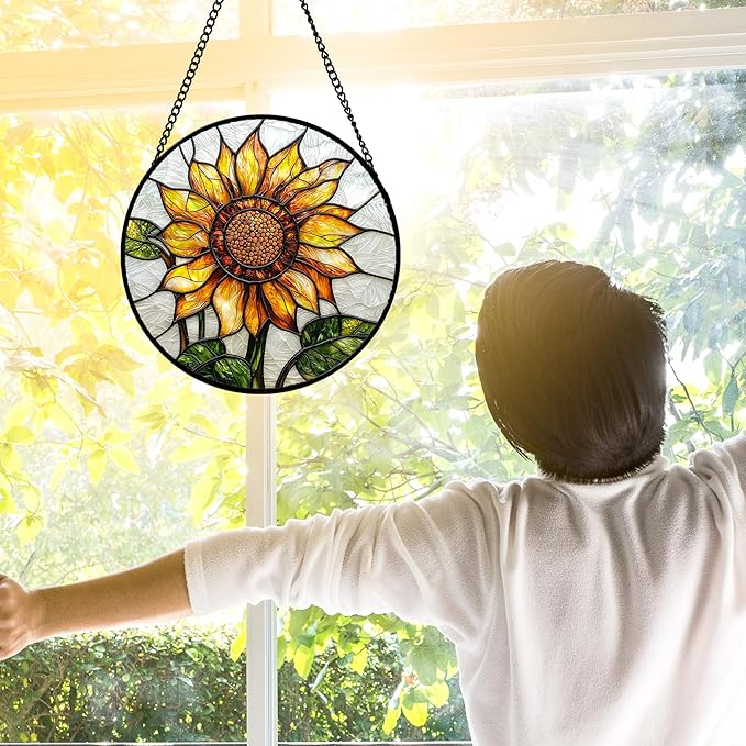Stained Glass Window Hanging - Sunflower Flower Suncatcher Ready to Hang Window Doors Home Decoration and Christmas, Mother's Day Birthday Gifts for Women, Men, and Mom 7.8x7.8 in