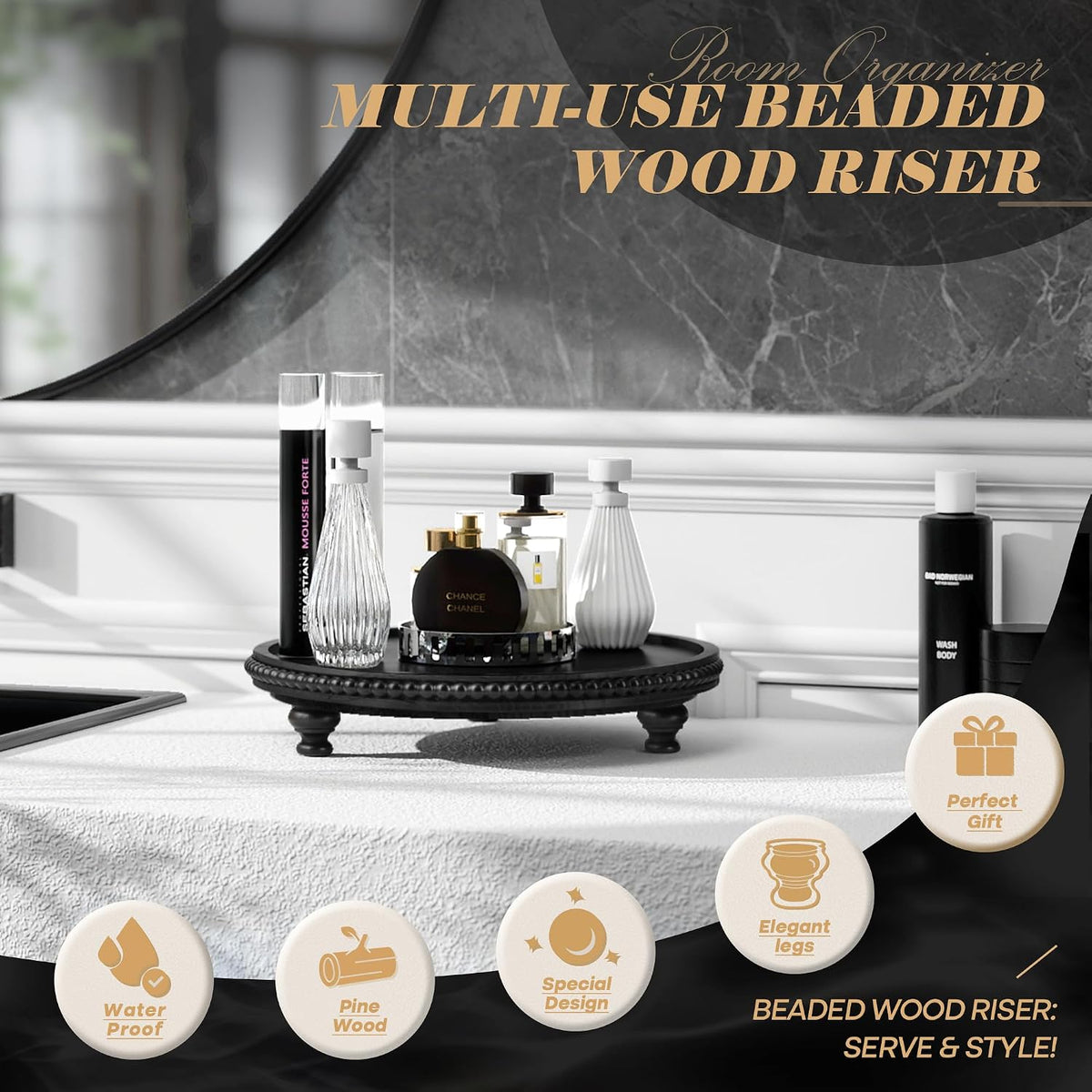 eosahr wood round display riser with beaded for showing dimensions