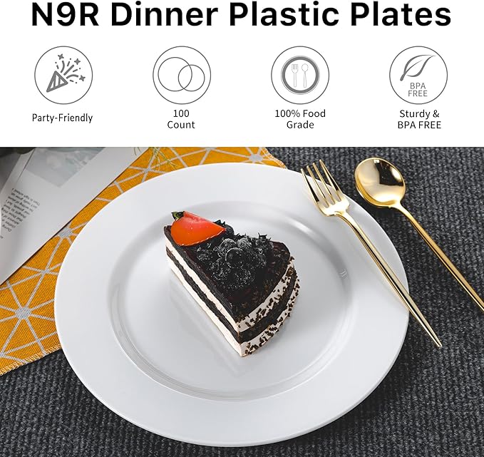 N9R 100PCS White Plastic Plates, 10.25inch Heavy Duty Plastic Disposable Plates, Premium Elegant Dinner Plates for Party
