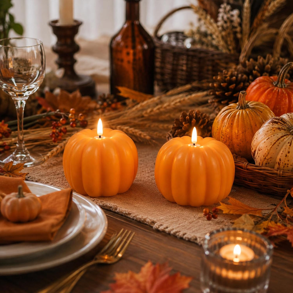 Fall Decor Pumpkin Flameless Candles Remote LED Candles Orange Set of 2