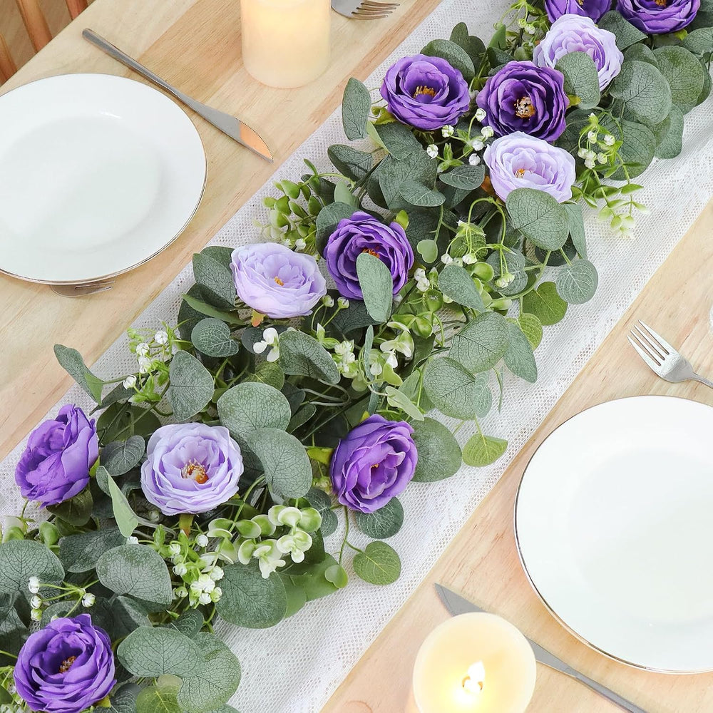 TOCHGREEN 4 Pack Artificial Eucalyptus Flower Garland with Purple Roses
