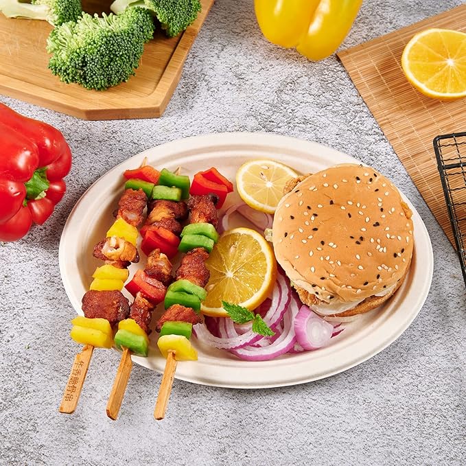 Vplus 100% Compostable Oval Paper Plates 10 inch 125 Pack Super Strong Disposable Paper Plates Bagasse Natural Biodegradable Eco-Friendly Sugarcane for BBQ, Party, Gathering, and Picnic