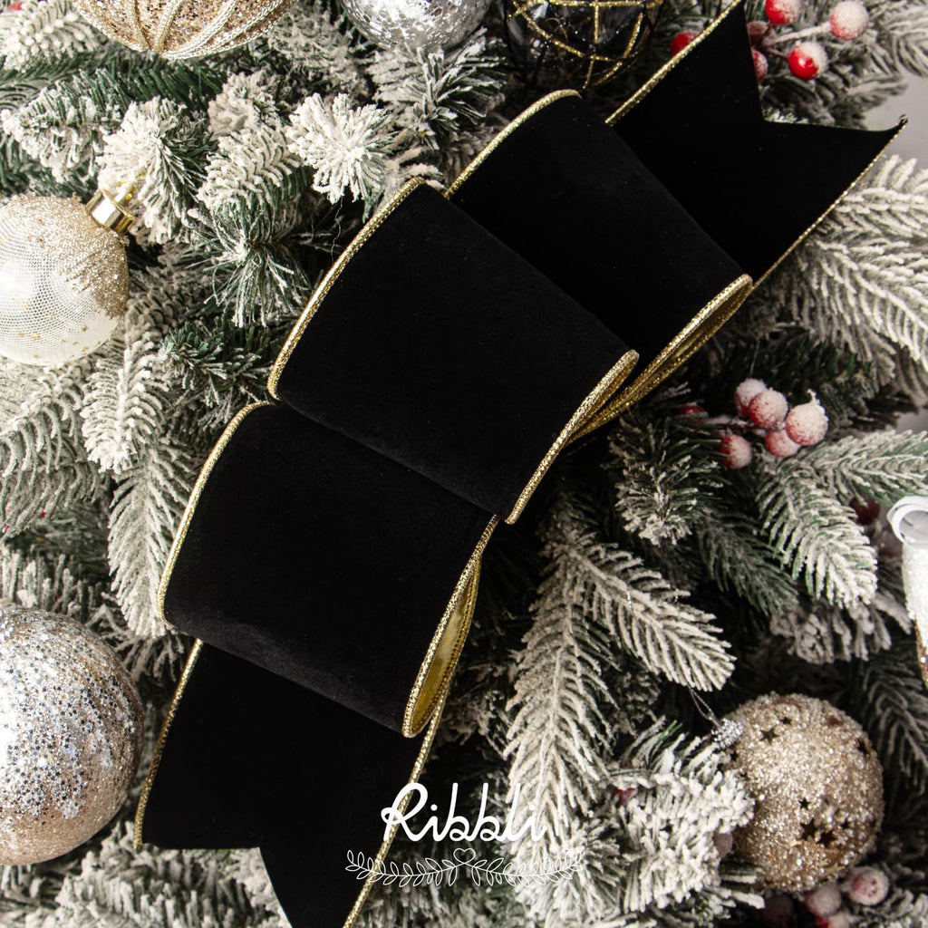 ribbli black velvet wired ribbon 4 inch luxury, close-up detail