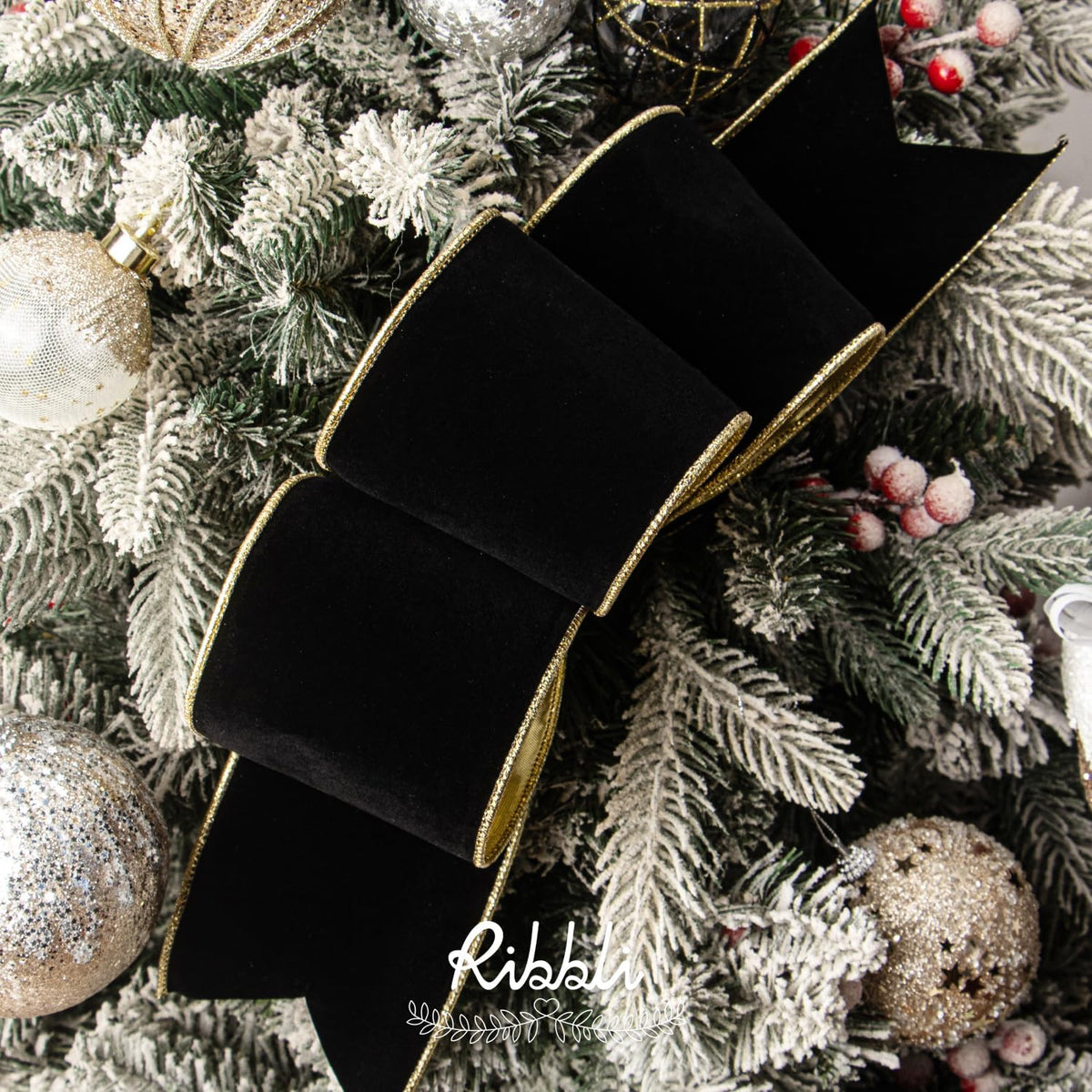 ribbli black velvet wired ribbon 4 inch luxury, close-up detail