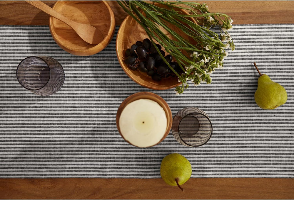 Solino Home 100% Pure Linen Table Runner, 14 x 108 in, Black, Narrow Stripe