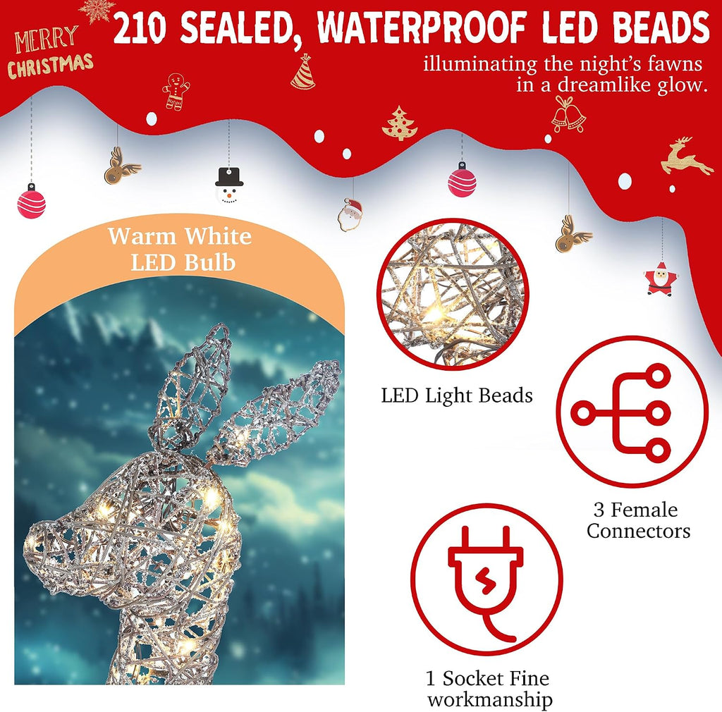 58 Inch 3D Woven Large Lighted Christmas Deer Decorations 3-Piece Outdoor Holiday Decorations Reindeer Set with 210 Warm White LEDs, Large Yard Display for Garden, Storefront