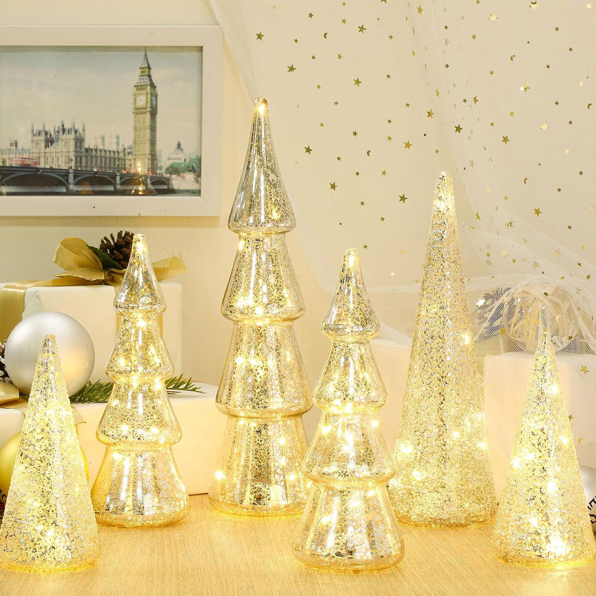 mercury glass christmas tree with led fairy lights, close-up detail