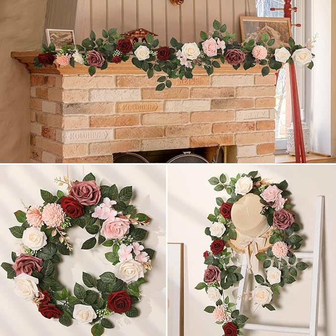 5FT Artificial Rose Flower Burgundy Fake Floral Garland for Wedding Ceremony Backdrop Arch Flowers Table Centerpieces Decorations