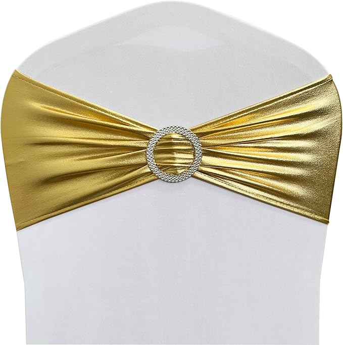 Spandex Chair Sashes Bands 30PCS Stretch Chair Ties Bows with Buckle Slider for Wedding Party Banquet Decoration (Metallic Gold)…