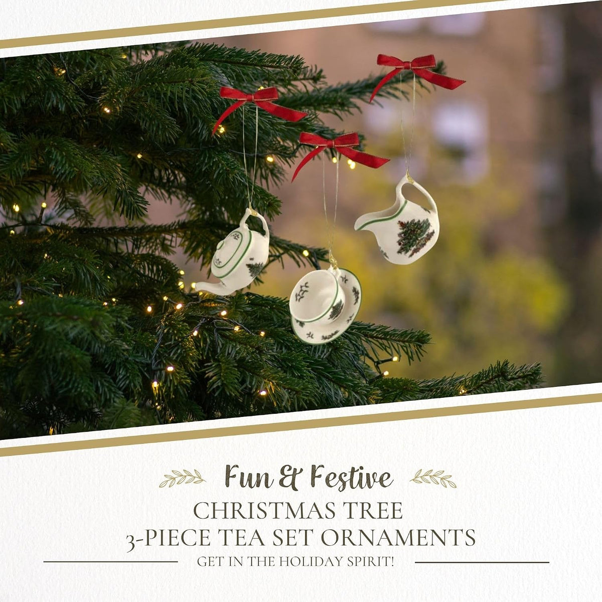 spode christmas tree 3-piece tea set ornaments, close-up detail