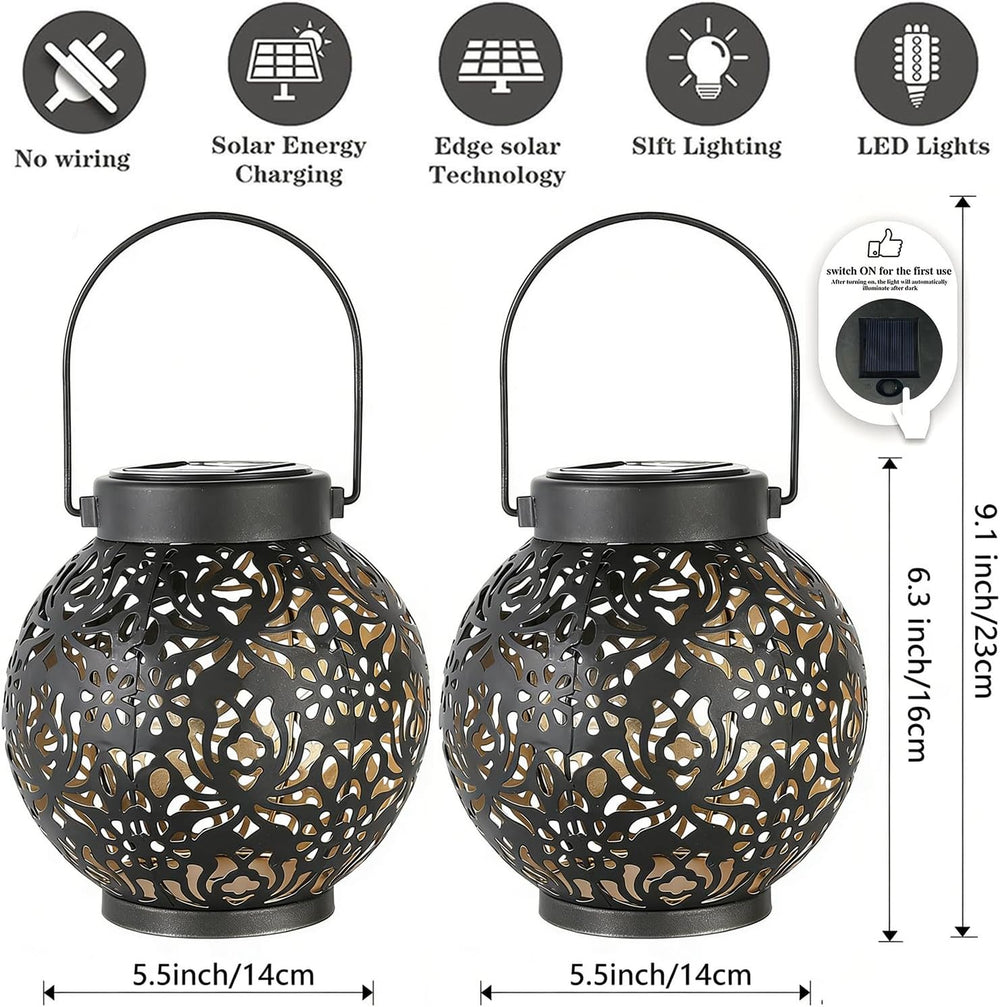 2 Pack Solar Lanterns Outdoor, Classic Black Flower